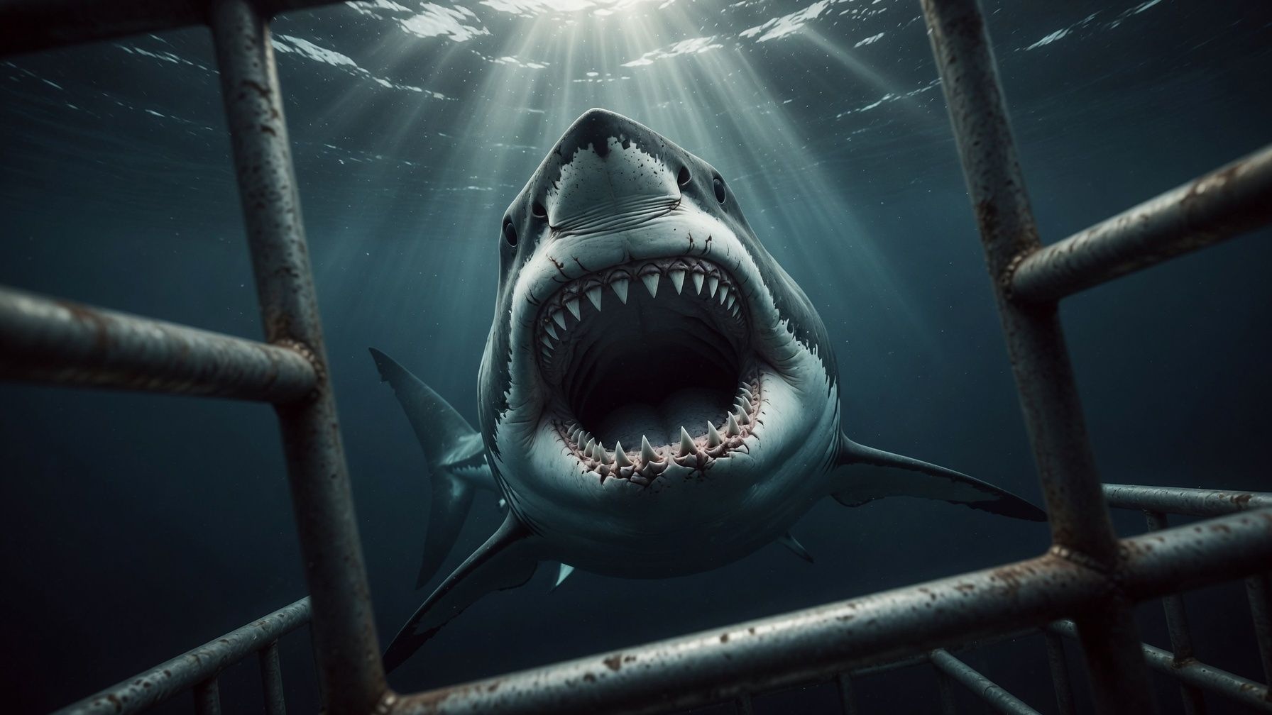 A great white shark, jaws open, coming straight at the cage